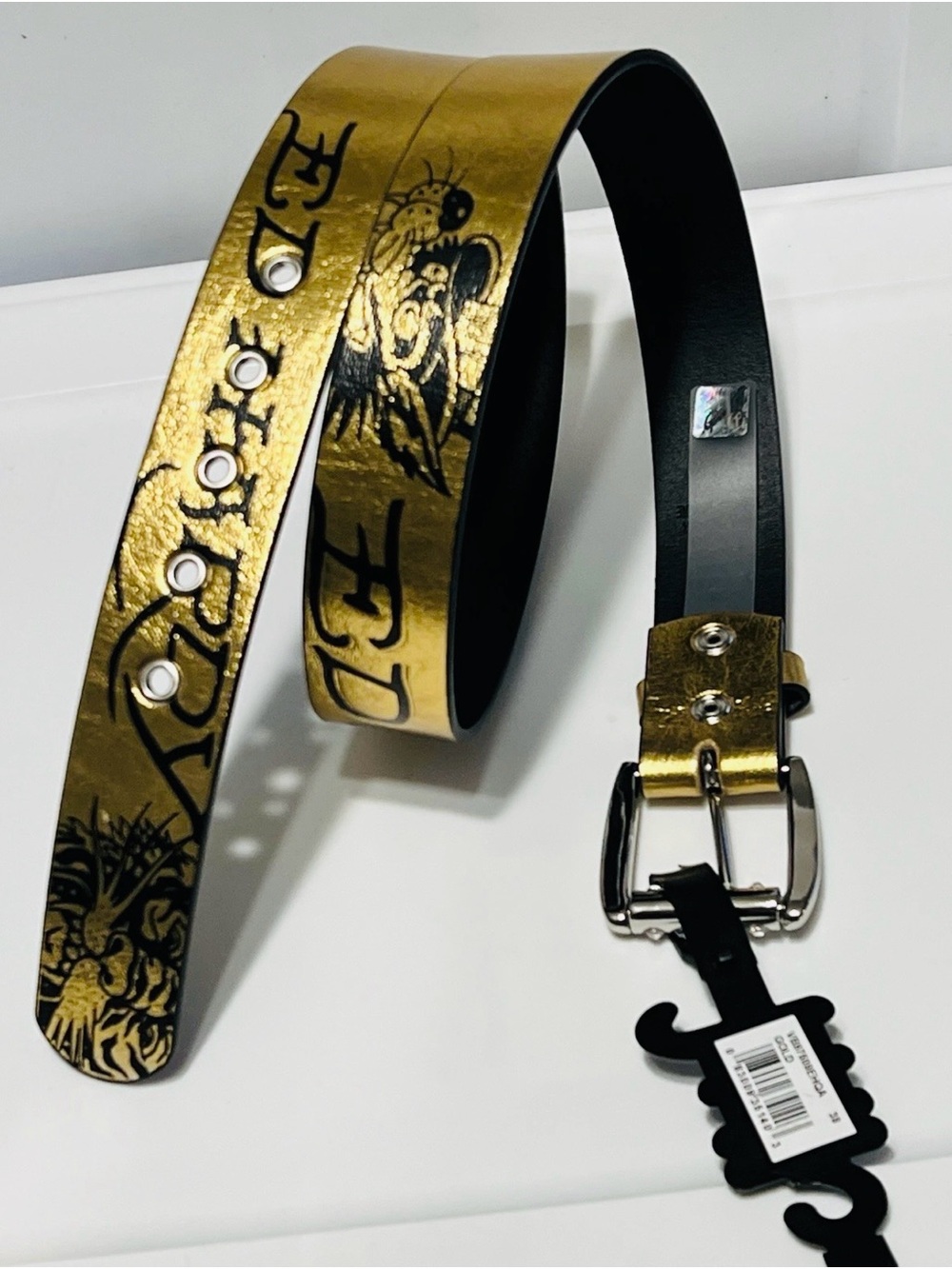 Ed Hardy Gold and Black Graphic Leather Belt